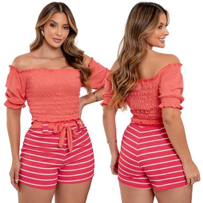 Imagem de Conjunto Feminino Cropped Com Mangas Ombro a Ombro e Short Ajustável Listrado