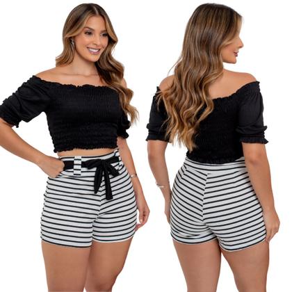 Imagem de Conjunto Feminino Cropped Com Mangas Ombro a Ombro e Short Ajustável Listrado
