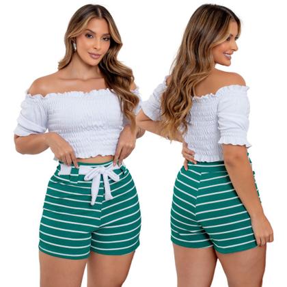 Imagem de Conjunto Feminino Cropped Com Mangas Ombro a Ombro e Short Ajustável Listrado