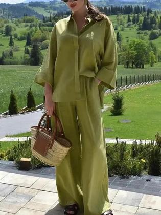 Imagem de Conjunto Feminino De Calças De Linho Oversize Com Camisa Casual E Calças Largas Para O Verão 2025