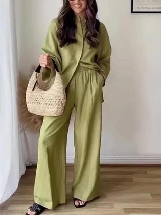 Imagem de Conjunto Feminino De Calças De Linho Oversize Com Camisa Casual E Calças Largas Para O Verão 2025