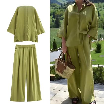 Imagem de Conjunto Feminino De Calças De Linho Oversize Com Camisa Casual E Calças Largas Para O Verão 2025