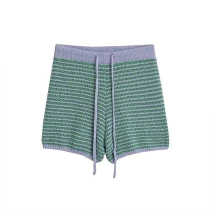 Imagem de Conjunto Feminino De Camisa Listrada Com Gola E Shorts De Cintura Elástica, Conjunto De Moda Chic