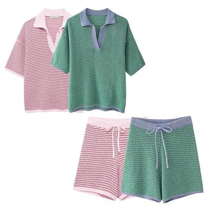 Imagem de Conjunto Feminino De Camisa Listrada Com Gola E Shorts De Cintura Elástica, Conjunto De Moda Chic