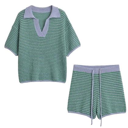 Imagem de Conjunto Feminino De Camisa Listrada Com Gola E Shorts De Cintura Elástica, Conjunto De Moda Chic