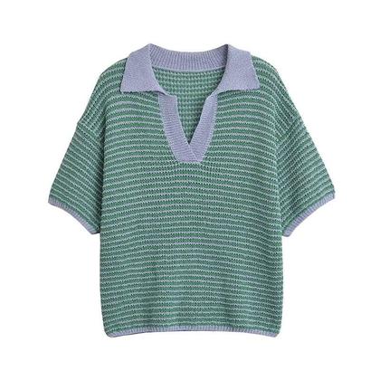 Imagem de Conjunto Feminino De Camisa Listrada Com Gola E Shorts De Cintura Elástica, Conjunto De Moda Chic