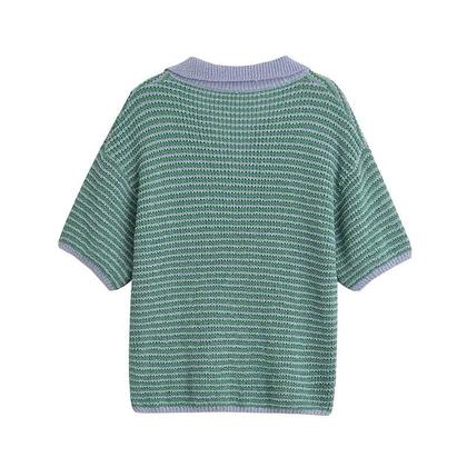 Imagem de Conjunto Feminino De Camisa Listrada Com Gola E Shorts De Cintura Elástica, Conjunto De Moda Chic