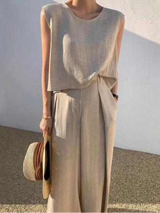 Imagem de Conjunto Feminino De Verão Elegante Em Cor Sólida De Algodão E Linho Com Top Sem Mangas De Gola