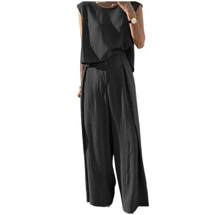 Imagem de Conjunto Feminino De Verão Elegante Em Cor Sólida De Algodão E Linho Com Top Sem Mangas De Gola