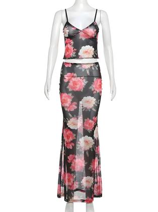 Imagem de Conjunto Feminino De Verão Transparente De 2 Peças: Camisola Decote V E Saia Longa Com Fenda Lateral