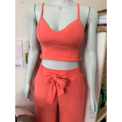 Imagem de Conjunto feminino duna areia calça pantalona e cropped com bojo Alça regulagem alfaiataria