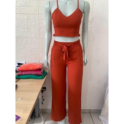 Imagem de Conjunto feminino duna areia calça pantalona e cropped com bojo Alça regulagem alfaiataria