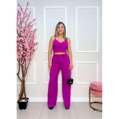 Imagem de Conjunto feminino duna areia calça pantalona e cropped com bojo Alça regulagem alfaiataria