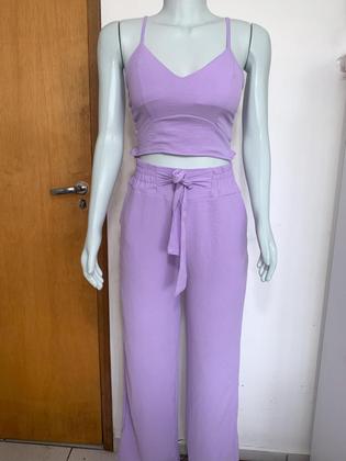 Imagem de Conjunto feminino duna areia calça pantalona e cropped com bojo Alça regulagem alfaiataria