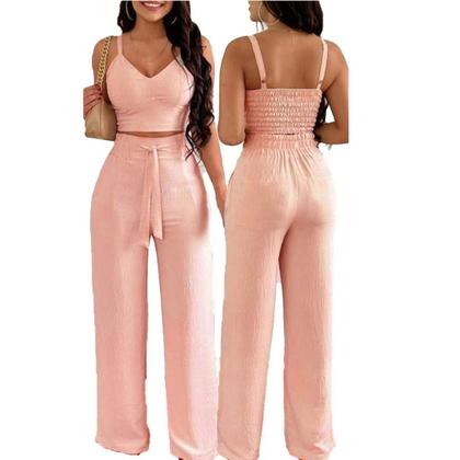 Imagem de Conjunto feminino duna areia calça pantalona e cropped com bojo Alça regulagem alfaiataria