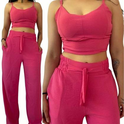 Imagem de Conjunto feminino duna areia calça pantalona e cropped com bojo Alça regulagem alfaiataria