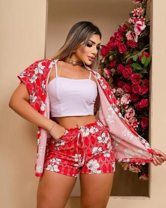 Imagem de Conjunto Feminino Estampado 3 Pç Short Cropped e Kimono 0379