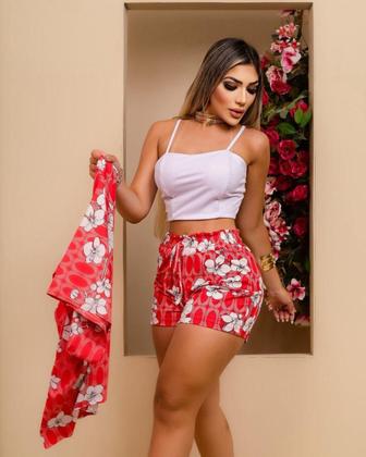 Imagem de Conjunto Feminino Estampado 3 Pç Short Cropped e Kimono 0379