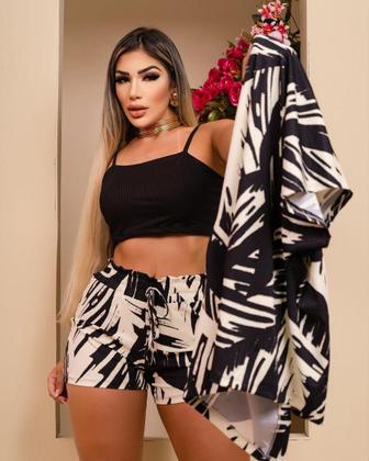 Imagem de Conjunto Feminino Estampado 3 Pç Short Cropped e Kimono 0379