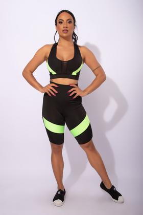 Imagem de Conjunto Feminino Fitness Bermuda Cintura Alta Com Recorte Na Perna E Top Nadador Com Tela Frontal Academia F7 NEW STYLE