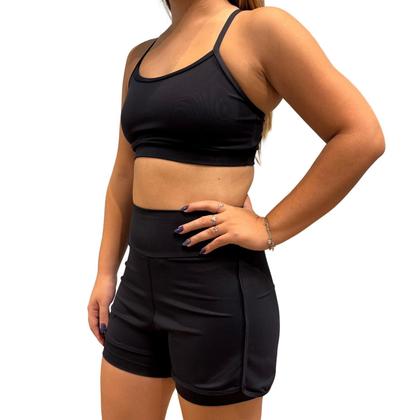 Imagem de Conjunto Feminino Fitness Short Duplo Cós alto + Top Poliamida Preto - Zero Transparência