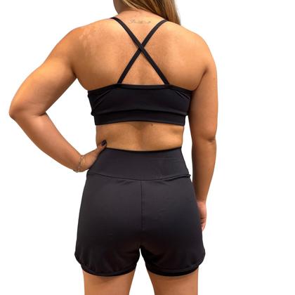 Imagem de Conjunto Feminino Fitness Short Duplo Cós alto + Top Poliamida Preto - Zero Transparência