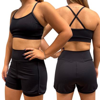 Imagem de Conjunto Feminino Fitness Short Duplo Cós alto + Top Poliamida Preto - Zero Transparência