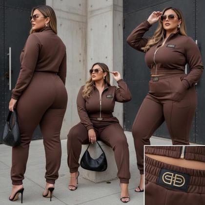Imagem de Conjunto Feminino frio inverno Neoprene luxo plus size calça Joguer casaco zíper elegante