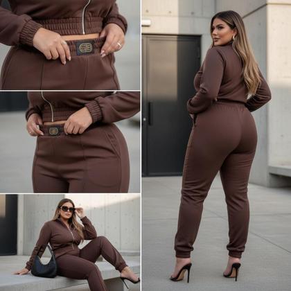 Imagem de Conjunto Feminino frio inverno Neoprene luxo plus size calça Joguer casaco zíper elegante