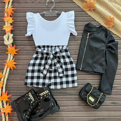 Imagem de Conjunto Feminino Infantil Body Saia Xadrez E Jaqueta Menina