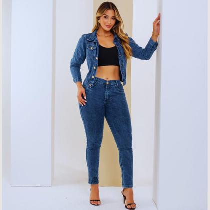 Imagem de Conjunto Feminino Jeans Jaqueta e Calça Marmorizada Tendência Moda Casual