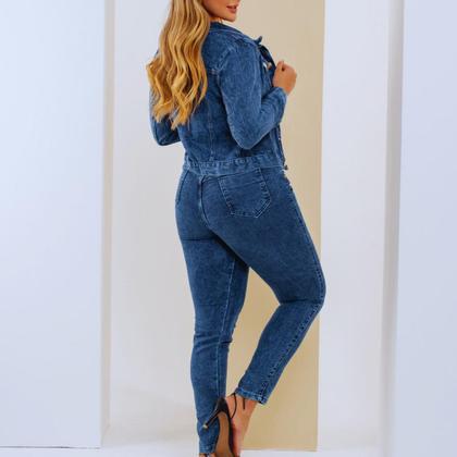 Imagem de Conjunto Feminino Jeans Jaqueta e Calça Marmorizada Tendência Moda Casual