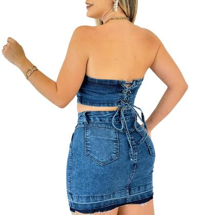 Imagem de Conjunto Feminino Jeans Top e Saia Marmorizado Com Lycra Tendência Casual Com Alça Para Mulheres