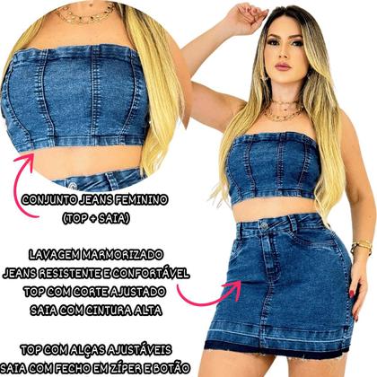 Imagem de Conjunto Feminino Jeans Top e Saia Marmorizado Com Lycra Tendência Casual Com Alça Para Mulheres