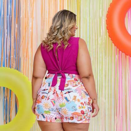 Imagem de Conjunto Feminino Plus Size Cropped e Short Estampado 0427