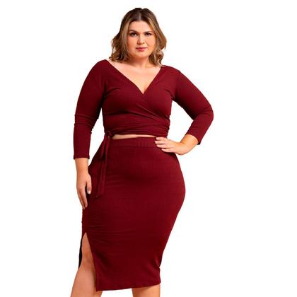 Imagem de Conjunto Feminino Plus Size Slim Transpassada Cropped Envelope Saia Midi Fenda