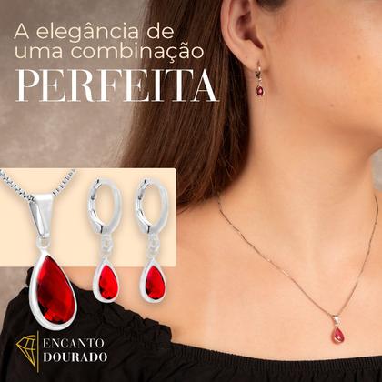 Imagem de Conjunto Feminino Prateado Com Colar E Brinco Vermelho Elegante