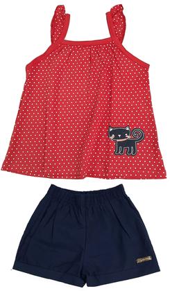 Imagem de Conjunto Feminino Regata Poá Bolinhas Aplicação Gato C/ Short Tecido Nº 2 Ao 3