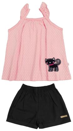 Imagem de Conjunto Feminino Regata Poá Bolinhas Aplicação Gato C/ Short Tecido Nº 2 Ao 3