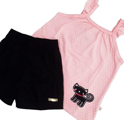 Imagem de Conjunto Feminino Regata Poá Bolinhas Aplicação Gato C/ Short Tecido Nº 2 Ao 3