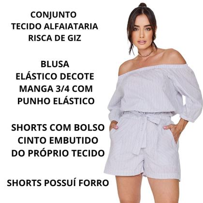 Imagem de Conjunto Feminino Tecido Social Alfaiataria Shorts e Blusa Ciganinha Manga 3/4 Risca de Giz VL0606