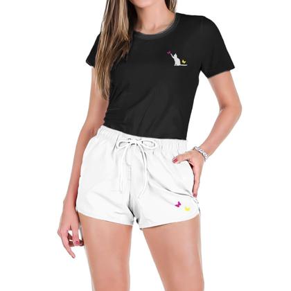 Conjunto Feminino Verão Moda Praia Camiseta Algodão Short Tactel Estampada - Relaxado Imagem de Conjunto Feminino Verão Moda Praia Camiseta Algodão Short Tactel Estampada