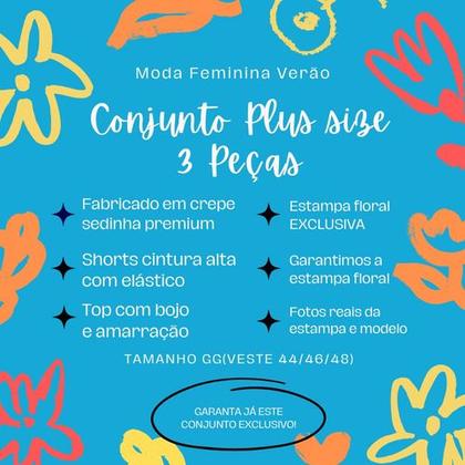 Imagem de Conjunto Feminino Verão Plus Size Três Peças Shorts Cropped Com Bojo E shorts Casual Moderno Moda Praia