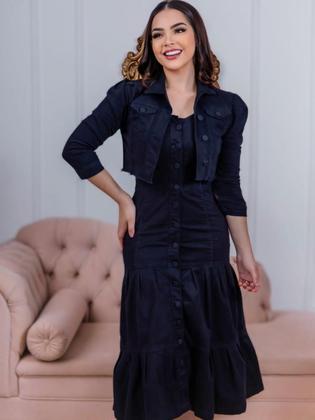 Imagem de Conjunto Feminino Vestido com Botões e Jaqueta Jeans com Elastano