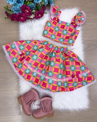 Imagem de Conjunto Festa Junina Infantil Menina Cropped Saia Xadrez Rosa