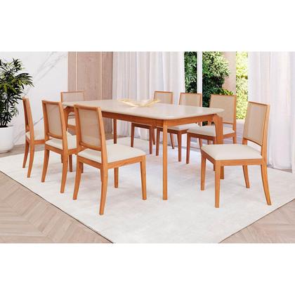 Imagem de Conjunto Ficus 2,10 com 8 Cadeiras Buriti Perfeito para Salas Grandes Madeira/Off White/Linho Cru