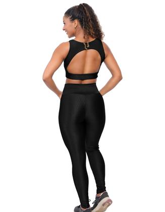Imagem de Conjunto Fitness Feminino Cós Alto Texturizado Alta Compressão Poliamida Academia Treino Cor:PretoTamanho:G