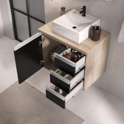 Imagem de Conjunto Gabinete Banheiro Completo Prisma 60cm - Madeirado/Preto