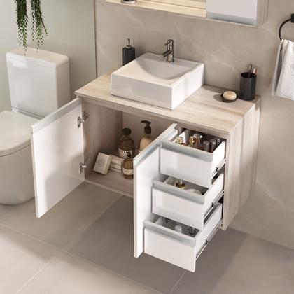 Imagem de Conjunto gabinete banheiro completo prisma 80cm madeirado/branco