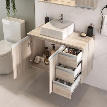 Imagem de Conjunto gabinete banheiro completo prisma 80cm madeirado inteiro